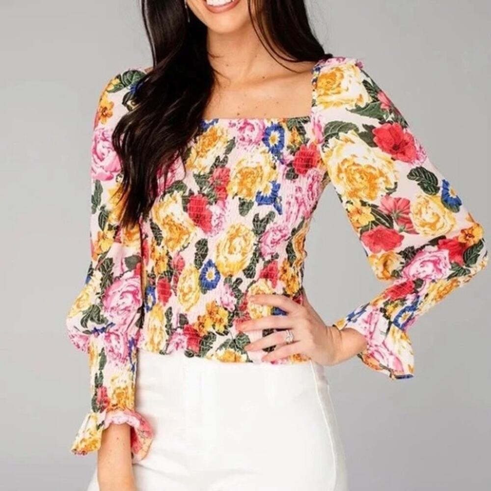 Buddy Love Yellow Multi Floral Smocked Long Sleeve Top Size S Small NWT